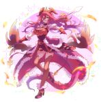  1girl dragalia_lost dragon_horns dragon_tail ekra full_body fur_trim gloves hair_between_eyes highres holding holding_polearm holding_weapon horns long_bangs long_hair looking_at_viewer mym_(dragalia_lost) polearm red_eyes red_gloves red_hair red_thighhighs smile solo standing standing_on_one_leg tail thighhighs very_long_hair weapon 