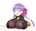 :d bangs belt_buckle belt_collar black_collar black_shirt blush bow breast_rest breasts buckle erect_nipples eyebrows_visible_through_hair eyes_closed facing_viewer fate/extra fate/extra_ccc fate_(series) hair_bow huge_breasts kz_ripo long_hair o-ring o-ring_top open_mouth passion_lip pink_bow purple_hair shirt shoulder_cutout smile solo twitter_username upper_body very_long_hair white_background 