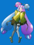  1girl :d absurdres blue_background blue_hair bow-shaped_hair character_hair_ornament full_body hair_ornament highres iono_(pokemon) jacket long_hair long_sleeves looking_at_viewer mikan_(mikan_no_happa) multicolored_hair open_mouth pink_eyes pink_hair pokemon pokemon_sv sharp_teeth single_leg_pantyhose sleeves_past_fingers sleeves_past_wrists smile solo teeth thigh_strap two-tone_hair upper_teeth_only very_long_hair yellow_jacket 