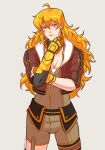  1girl ahoge asymmetrical_legwear blonde_hair cropped_jacket facing_viewer hand_on_own_chin highres jumpsuit long_hair mechanical_arms prosthesis prosthetic_arm purple_eyes rwby single_mechanical_arm solo uneven_legwear upper_body yang_xiao_long yellow_nicky 