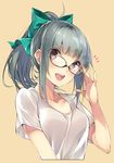  1girl :d absurdres adjusting_eyewear bangs beige_background blunt_bangs bow breasts brown_eyes eyebrows_visible_through_hair glasses grey_hair hair_bow hario_4 highres kantai_collection long_hair looking_at_viewer medium_breasts open_mouth ponytail semi-rimless_eyewear shirt short_sleeves sidelocks simple_background smile solo t-shirt under-rim_eyewear upper_body yuubari_(kantai_collection) 