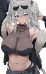  1girl absurdres animal_ear_piercing animal_ears armpits bare_shoulders blush breasts cleavage collarbone ear_piercing fur-trimmed_jacket fur_trim green_eyes grey_eyes grey_hair hair_between_eyes highres hololive jacket jewelry large_breasts lion_ears lion_girl lion_tail long_hair looking_at_viewer midriff navel necklace piercing see-through see-through_cleavage shishiro_botan skirt solo stomach tail tomj twintails virtual_youtuber white_background 