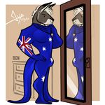  2017 anthro australia australian bgn biped black_eyebrows black_eyes black_nose border brown_background bulge clothed clothing costume digital_media_(artwork) dot_eyes drawer eyebrows fur grey_fur hair kangaroo long_tail male mammal marsupial mirror multicolored_fur outside_border reflection short_hair side_view signature simple_background snout solo standing sydney_o&#039;connell two_tone_fur url white_border white_fur white_hair 