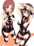 2girls absurdres alternate_costume arms_up blaze_(blazeillust) blush breasts brown_eyes brown_hair collarbone double_v girls_und_panzer highres large_breasts looking_at_viewer multiple_girls nishizumi_maho nishizumi_miho open_mouth revealing_clothes simple_background underboob v white_background 