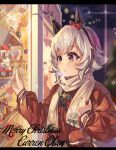  1girl :o animal_ears bag carrying character_name chinese_commentary christmas curren_chan_(umamusume) cursive doll ear_covers english_commentary english_text grey_hair handbag highres horse_ears horse_girl jacket letterboxed long_sleeves looking_to_the_side merry_christmas mixed-language_commentary night outdoors parted_lips purple_eyes red_jacket scarf short_hair solo sparkle umamusume white_scarf window yanwei_lava 