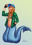  baseball_cap brown_hair clothed clothing ear_piercing female fingerless_gloves freckles gangsta gloves green_eyes hair hat hoop_earrings humanoid jacket jewelry lips looking_at_viewer marine merfolk monster_girl_(genre) navel necklace piercing simple_background solo standing svenners tube_top 