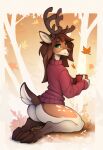 absurd_res anthro antlers autumn bottomless brown_hair butt clothed clothing cloven_hooves container cup deer falling_leaves female green_eyes hair hi_res hooves horn kneeling long_hair looking_at_viewer mammal solo sweater topwear topwear_only yakovlev-vad