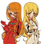  2girls :d ayanami_rei ayanami_rei_(cosplay) blonde_hair blue_eyes bodysuit breasts closed_mouth cosplay cowboy_shot emeraldas ginga_tetsudou_999 hair_between_eyes hair_ornament hand_up harlock_saga long_hair looking_at_viewer maetel medium_breasts multiple_girls neon_genesis_evangelion open_mouth orange_hair pilot_suit plugsuit red_bodysuit scar scar_on_face simple_background skull_and_crossbones skull_hair_ornament smile souryuu_asuka_langley souryuu_asuka_langley_(cosplay) standing white_background white_bodysuit 