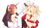  2girls arms_up bandeau bangs bare_shoulders blonde_hair braid breasts brown_eyes closed_mouth cola detached_sleeves dress eyebrows_visible_through_hair fate/apocrypha fate/grand_order fate_(series) flower frankenstein&#039;s_monster_(fate) frankenstein's_monster_(fate) gloves green_eyes hair_between_eyes hair_flower hair_ornament hair_scrunchie juliet_sleeves kz_ripo long_hair long_sleeves looking_at_another mordred_(fate) mordred_(fate)_(all) multiple_girls navel pink_flower pink_hair ponytail profile puffy_sleeves purple_flower red_bandeau red_scrunchie red_sleeves scrunchie sidelocks simple_background sitting sleeveless sleeveless_dress small_breasts white_background white_dress white_gloves yellow_flower 