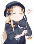  1girl :t abigail_williams_(fate) black_bow black_headwear blonde_hair bow chopsticks closed_eyes dumpling eating fate/grand_order fate_(series) food hair_bow heart highres holding holding_chopsticks jiaozi multiple_hair_bows orange_bow simple_background sleeves_past_fingers sleeves_past_wrists sleeves_rolled_up smile solo usuaji white_background 