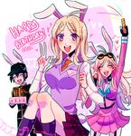  1boy 2girls ahoge akamatsu_kaede animal_ears barbed_wire black_hair black_hat blazer blonde_hair blush breasts buttons cake candle choker cleavage danganronpa eyes_closed fingerless_gloves food gloves goggles goggles_on_head group hair_ornament hairclip happy hat heart huyandere iruma_miu miniskirt multiple_girls musical_note musical_note_hair_ornament necktie new_danganronpa_v3 purple_eyes saihara_shuuichi school_uniform serafuku short_hair skirt sweater sweater_vest tie trio uniform 