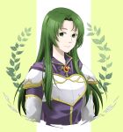  1girl absurdres armor breastplate cecilia_(fire_emblem) closed_mouth collar commentary_request curtained_hair fire_emblem fire_emblem:_the_binding_blade gold_trim green_background green_eyes green_hair highres long_hair midori_no_baku shoulder_armor smile solo two-tone_background upper_body white_background 