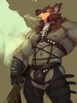  2017 abs anthro barazoku bdsm blood bulge butt chaps ear_piercing harness male male_focus mammal muscular muscular_male navel nipples null-ghost pecs piercing solo tongue weapon 