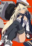  absurdres ankle_boots azur_lane black_gloves black_legwear blonde_hair blue_eyes blue_jacket blue_neckwear blush boots cannon closed_mouth crossed_legs eyebrows_visible_through_hair fingerless_gloves gloves hair_between_eyes hat headgear highres invisible_chair jacket jacket_on_shoulders long_hair long_sleeves looking_at_viewer machinery military military_hat military_uniform naval_uniform necktie panties peaked_cap red_background simple_background sitting solo sweatdrop tennessee_(azur_lane) thighhighs underwear uniform v-shaped_eyebrows very_long_hair westxost_(68monkey) white_hat white_panties 