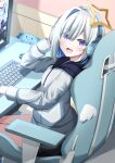  1girl absurdres amane_kanata blue_hair blue_headphones chair colored_inner_hair desk grey_hair grey_hoodie halo highres hololive hood hoodie kamesys keyboard_(computer) looking_at_viewer monitor multicolored_hair office_chair open_mouth purple_eyes short_hair smile solo star_halo swivel_chair upao_(amane_kanata) virtual_youtuber 