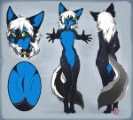 2016 anthro anus black_anus black_body black_breasts black_fur black_pussy blue_body blue_fur breasts canid canine canis collar female fluffy fluffy_tail fur genitals green_eyes grey_tail hair hioshiru mammal model_sheet pawpads pussy solo tail white_hair wolf