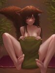  1girl absurdres animal_ears anyxdoesarts breasts brown_hair carpet cat_ears cat_girl cat_tail ears_down fang green_eyes highres holding holding_pillow long_hair looking_at_viewer medium_breasts nude on_floor original pillow plant potted_plant sitting tail 