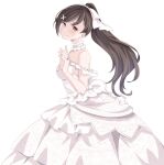  1girl alternate_costume brown_eyes brown_hair choker cowboy_shot dress frilled_choker frills hair_ornament hair_ribbon highres jewelry kantai_collection kukimaru long_hair looking_at_viewer mamiya_(kancolle) off-shoulder_dress off_shoulder ponytail ribbon ring simple_background solo wedding_dress wedding_ring white_background white_dress white_ribbon x_hair_ornament 