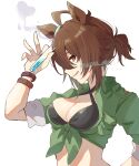  1girl agnes_tachyon_(lunatic_lab)_(umamusume) agnes_tachyon_(umamusume) ahoge animal_ears bikini bikini_top_only black_bikini bracelet breasts brown_hair collared_shirt commentary criss-cross_halter daiwa_uho ear_ornament front-tie_top green_shirt hair_tie half-closed_eyes halterneck hand_on_own_hip highres holding_vial horse_ears horse_girl jewelry looking_at_viewer medium_breasts midriff official_alternate_costume official_alternate_hairstyle open_mouth partially_unbuttoned shirt short_hair short_ponytail short_sleeves simple_background smirk smoke solo swimsuit umamusume vial white_background 