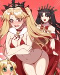  3girls @_@ bare_shoulders bell bikini black_bow black_hair blonde_hair blush bow breasts cape closed_eyes crown cuffs detached_sleeves earrings ereshkigal_(fate) fate/grand_order fate_(series) green_eyes highres hyperbudd ishtar_(fate) jewelry medium_breasts mordred_(fate) mordred_(fate/apocrypha) multiple_girls navel open_mouth red_background red_bow red_eyes santa_costume siblings sisters swimsuit twintails 