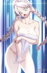  1girl ahoge artist_name blue_eyes braid breasts covering_crotch covering_privates fire_emblem fire_emblem_fates highres large_breasts low_twin_braids low_twintails naked_towel nina_(fire_emblem) nude_cover open_mouth parted_bangs solo tomorrowsjoker towel towel_slip twin_braids twintails white_hair white_towel 