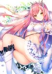  ass bangs blunt_bangs breasts cleavage cleavage_cutout crown fate/grand_order fate_(series) flower gloves highres holding_whip long_hair looking_at_viewer medb_(fate)_(all) medb_(fate/grand_order) medium_breasts midriff navel pink_hair riding_crop rose sakofu skirt smile solo tiara whip white_gloves white_skirt yellow_eyes 