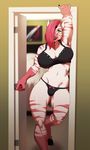  anthro bra breasts clothing equine female hair hair_over_eye inside lingerie looking_at_viewer makeup mammal panties pink_hair smile solo standing tatsumichi thick_thighs underwear wide_hips zebra 