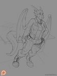  anthro army_uniform clothed clothing dragon female greyscale horn looking_at_viewer monochrome smile solo spiritraptor wings 