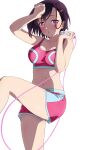  1girl arm_up blush breasts cleavage collarbone exercise hair_behind_ear hair_ornament hairclip hand_on_own_forehead highres holding_jump_rope jump_rope komatsu_(sakanae) large_breasts leg_up looking_to_the_side messy_hair mikazuki_shizuka navel open_mouth pink_eyes pink_shorts pink_sports_bra purple_hair short_hair shorts sidelighting simple_background solo sports_bra sportswear standing stomach sweat white_background zom_100:_zombie_ni_naru_made_ni_shitai_100_no_koto 
