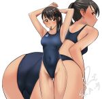  1girl ass black_hair blush brown_eyes commission competition_swimsuit covered_navel dated hair_ornament hair_tie hair_tie_in_mouth highleg highleg_swimsuit highres iwato_suzume looking_at_viewer mouth_hold one-piece_swimsuit pixiv_commission ponytail signature simple_background solo suzume_no_tojimari swimsuit thigh_gap yoo_tenchi 