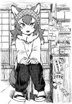  1girl absurdres alternate_costume animal_ears bell_(hellchan3) empty_eyes fang fingernails full_body fur_collar greyscale hand_rest highres japanese_wolf_(kemono_friends) kemono_friends long_hair long_sleeves looking_to_the_side monochrome multicolored_hair on_stool open_mouth own_hands_together pants sitting smile solo stool sweater tail wolf_ears wolf_girl wolf_tail 