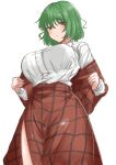  1girl absurdres blush breasts closed_mouth clothing_cutout collared_shirt commentary_request cowboy_shot expressionless from_below green_hair grey_hair hair_between_eyes highres jacket jacket_partially_removed kazami_yuuka kuraki large_breasts long_skirt long_sleeves looking_at_viewer plaid plaid_jacket plaid_skirt red_eyes shirt simple_background skirt solo standing touhou white_background white_shirt 