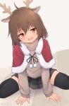  1girl :d animal_ears antlers black_thighhighs brown_hair brown_hairband capelet centi_mnkt commentary_request deer_ears fake_animal_ears fake_antlers fur-trimmed_capelet fur_trim grey_skirt grey_sweater hair_between_eyes hairband highres long_sleeves looking_at_viewer original plaid plaid_skirt puffy_long_sleeves puffy_sleeves red_capelet red_eyes reindeer_antlers ribbed_sweater sitting skirt sleeves_past_wrists smile solo sweater thighhighs turtleneck turtleneck_sweater wariza 