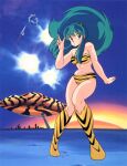  1980s_(style) animal_print bikini blue_eyes boots cityscape green_hair highres lum midriff navel night night_sky non-web_source pointing pointing_up retro_artstyle rocket sky space striped striped_bikini sunset swimsuit tiger_panties tiger_print ufo underwear urusei_yatsura 