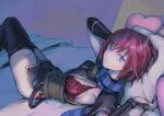  1girl arm_tattoo black_thighhighs bra breasts closed_mouth dress grel_(r6hgvu5) heart heart_pillow leg_tattoo looking_at_viewer nel_zelpher panties pillow purple_eyes red_hair scarf short_hair sideboob skirt solo star_ocean star_ocean_till_the_end_of_time tattoo thighhighs underwear 