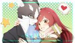  1boy 1girl animal_ears asa_moi ascot black_gloves blue_ascot blush cat_boy cat_ears chinese_commentary commentary_request furry furry_male glasses gloves green_eyes heart log_horizon looking_at_viewer nyanta_(log_horizon) one_eye_closed open_mouth orange_eyes red_hair round_eyewear sample_watermark scarf serara_(log_horizon) speech_bubble spoken_heart star_(symbol) upper_body watermark whiskers 