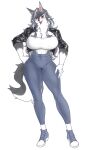 anthro athletic athletic_female big_breasts black_clothing black_leather_jacket blush bottomwear breasts canid canine canis clothing curvy_figure dark_pupils female footwear full-length_portrait fur grey_body grey_fur grey_hair hair hand_on_butt hi_res inner_ear_fluff jacket jessica_(noruru3737) leather leather_clothing leather_jacket leather_topwear long_hair mammal multicolored_body multicolored_fur muscular muscular_female navel_outline neck_tuft noruru3737 pants portrait shoes simple_background sneakers solo topwear tube_top tuft two_tone_body two_tone_fur two_tone_tail wolf yellow_eyes