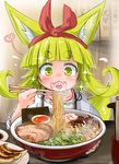  :d alternate_hair_ornament animal_ears bangs blonde_hair blunt_bangs blush bow bowl chives chopsticks commentary_request desk doitsuken dress dumpling egg eyebrows_visible_through_hair fangs flying_sweatdrops food food_request fox_child_(doitsuken) fox_ears hair_bow hairband heart heart_in_mouth highres holding holding_chopsticks jiaozi long_sleeves looking_down meat noodles open_mouth original plate ramen seaweed short_eyebrows short_hair sitting smile solo thick_eyebrows white_dress yellow_eyes 