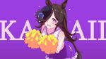  1girl @_@ alternate_costume animal_ears blush breasts cheerleader commentary_request hair_ornament hat highres horse_ears horse_girl horse_tail long_hair looking_at_viewer pom_pom_(cheerleading) purple_background purple_eyes rice_shower_(umamusume) shijima_(shizima_03) sleeveless small_breasts solo sweat tail umamusume 