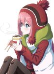  1girl absurdres blowing blue_eyes blush chopsticks coat commentary_request cup cup_noodle food green_scarf hair_between_eyes hair_ornament highres hinoaki holding holding_chopsticks holding_cup kagamihara_nadeshiko long_hair long_sleeves pink_hair pom_pom_beanie red_beanie red_sweater scarf solo steam sweater white_background white_coat winter_clothes yurucamp 