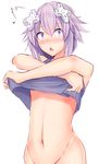  :&lt; blush bottomless commentary_request d-pad d-pad_hair_ornament daiaru hair_ornament hairclip looking_at_viewer navel neptune_(choujigen_game_neptune) neptune_(series) open_mouth out-of-frame_censoring purple_eyes purple_hair purple_shirt shirt short_hair solo surprised undressing 