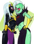 2017 alien alien_humanoid breasts centinel303 clothed clothing cross-popping_vein crossover disney duck_dodgers duo eyebrows female fingers fist freckles gloves hair hand_on_hip hand_on_own_hip handwear humanoid humanoid_pointy_ears long_hair lord_dominator martian midriff mouthless noseless not_furry pink_sclera purple_eyes queen_tyr&#039;ahnee standing translucent translucent_clothing wander_over_yonder white_hair