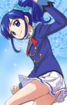  1girl aiguillette aikatsu! aikatsu!_(series) blue_eyes blue_hair blue_jacket closed_mouth hair_ornament hair_scrunchie hands_up haruyama_kazunori jacket kiriya_aoi long_hair long_sleeves looking_at_viewer neck_ribbon panties pleated_skirt red_ribbon ribbon school_uniform scrunchie side_ponytail skirt smile solo underwear upper_body white_panties white_skirt 