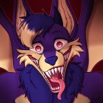 absurd_res anthro big_tongue canid canine digital_media_(artwork) dragon fox fur hair hi_res hybrid looking_at_viewer male mammal open_mouth purple_hair red_eyes simple_background smile smiling_at_viewer sockodrawing solo teeth teeth_showing teyori tongue wings