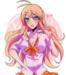  1girl ahoge blonde_hair blue_eyes breasts cleavage danganronpa hair_ornament hairpin heart huyandere iruma_miu long_hair new_danganronpa_v3 school_uniform skirt solo uniform white_shirt 