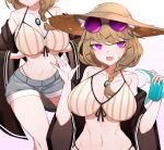  2girls absurdres animal_ear_fluff arknights bikini braid breasts brown_hair choumi_wuti_(xueye_fanmang_zhong) cleavage collarbone eyewear_on_head highres jewelry large_breasts multiple_girls navel necklace open_clothes open_mouth purple-tinted_eyewear purple_eyes short_shorts shorts single_braid slit_pupils smile striped striped_bikini sunglasses swimsuit tail tinted_eyewear upper_body utage_(arknights) utage_(summer_flowers)_(arknights) white_background wide_sleeves 