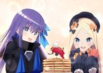  2girls :d abigail_williams_(fate/grand_order) absurdres bangs black_bow black_coat black_dress black_hat blonde_hair blue_eyes blue_ribbon bow commentary_request dress eyebrows_visible_through_hair fate/grand_order fate_(series) food forehead hair_between_eyes hair_bow hair_ribbon hat highres i.f.s.f long_hair long_sleeves looking_at_viewer meltlilith multiple_girls object_hug open_mouth orange_bow pancake parted_bangs polka_dot polka_dot_bow purple_eyes ribbon sleeves_past_wrists smile stack_of_pancakes stuffed_animal stuffed_toy syrup teddy_bear very_long_hair 