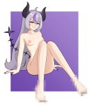  1girl absurdres ahoge arm_support barefoot black_horns black_nails black_tail blush border braid braided_bangs breasts breasts_apart censored censored_feet collarbone commentary completely_nude convenient_leg demon_girl demon_horns english_commentary eyelashes full_body hair_between_eyes highres hololive horns knees_together_feet_apart knees_up la+_darknesss large_areolae legs long_hair looking_at_viewer medium_breasts mosaic_censoring multicolored_hair nail_polish nipples nude on_ground parted_lips pepperwentz pointy_ears purple_background purple_hair sidelocks sitting streaked_hair striped_horns very_long_hair virtual_youtuber white_border yellow_eyes 