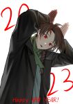  1boy 2023 absurdres ahoge black_jacket braid brown_hair chinese_commentary chinese_zodiac commentary_request green_scarf grey_shirt happy_new_year harada_minoru highres jacket kyoko_(akakikyoko) long_hair long_sleeves male_focus new_year open_clothes open_jacket open_mouth rabbit_pose red_eyes saibou_shinkyoku scar scar_on_face scar_on_forehead scarf shirt side_braid simple_background single_braid solo upper_body white_background year_of_the_rabbit 