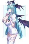  1girl absurdres alternate_costume aqua_hair bat_wings bent_over blush breasts cleavage collarbone commentary demon_girl finger_to_mouth hat head_wings highres huanxiang_huifeng large_breasts legwear_garter long_hair morrigan_aensland nurse nurse_cap simple_background skull_and_crossbones skull_print smile solo standing symbol-only_commentary thighhighs vampire_(game) very_long_hair wings yellow_eyes 